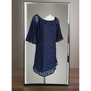 Navy Blue Shift Dress M Lace Overlay 3/4 Sleeves Formal Wedding Special Day NWT